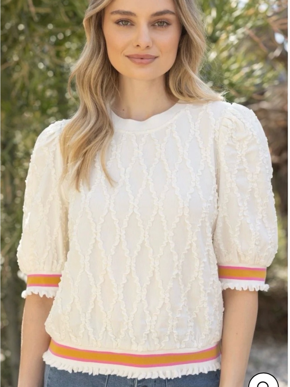 Voy Striped Quilted Textured Puff-Sleeve Top with Pink-Orange Trim